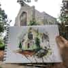 A watercolor sketch of a church, with the church in the background.
