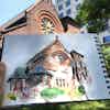 A watercolor sketch of St. Peter's Episcopal Church, held in front of the church.