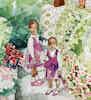 A watercolor painting of two young Black girls, dressed in matching dresses, in a colorful garden.