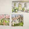 A page of square and rectangular watercolor sketches of houses, paths, trees, and mugs in soft colors.