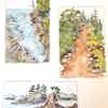 Three watercolor sketches of coastal waterways and alpine paths.