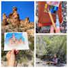 A collage of three photos showing different perspectives of a desert sketching scene: sketching supplies, an artist in the shade of a tree, and a sketch of red-brown rock features.