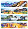 Four wide landscape watercolor illustrations, each showing a vibrant mountain landscape.