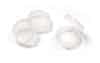 Three tiny clear snap-lid containers on a white background.