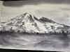 A watercolor sketch of a mountain in a greys.
