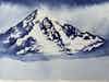 A watercolor sketch of a mountain in a deep blue color.